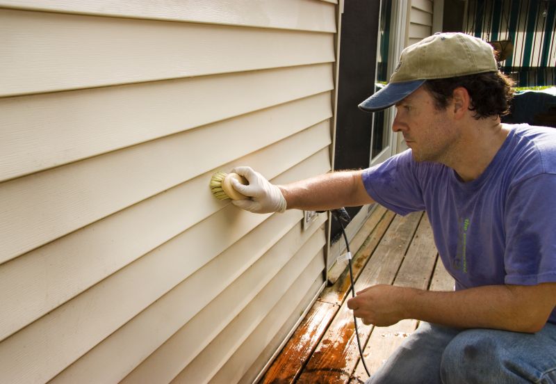 man washing house's siding with brush